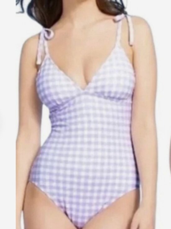 Kona Sol Other - Kona Sol Shoulder Tie Lavender Gingham One Piece Swimsuit